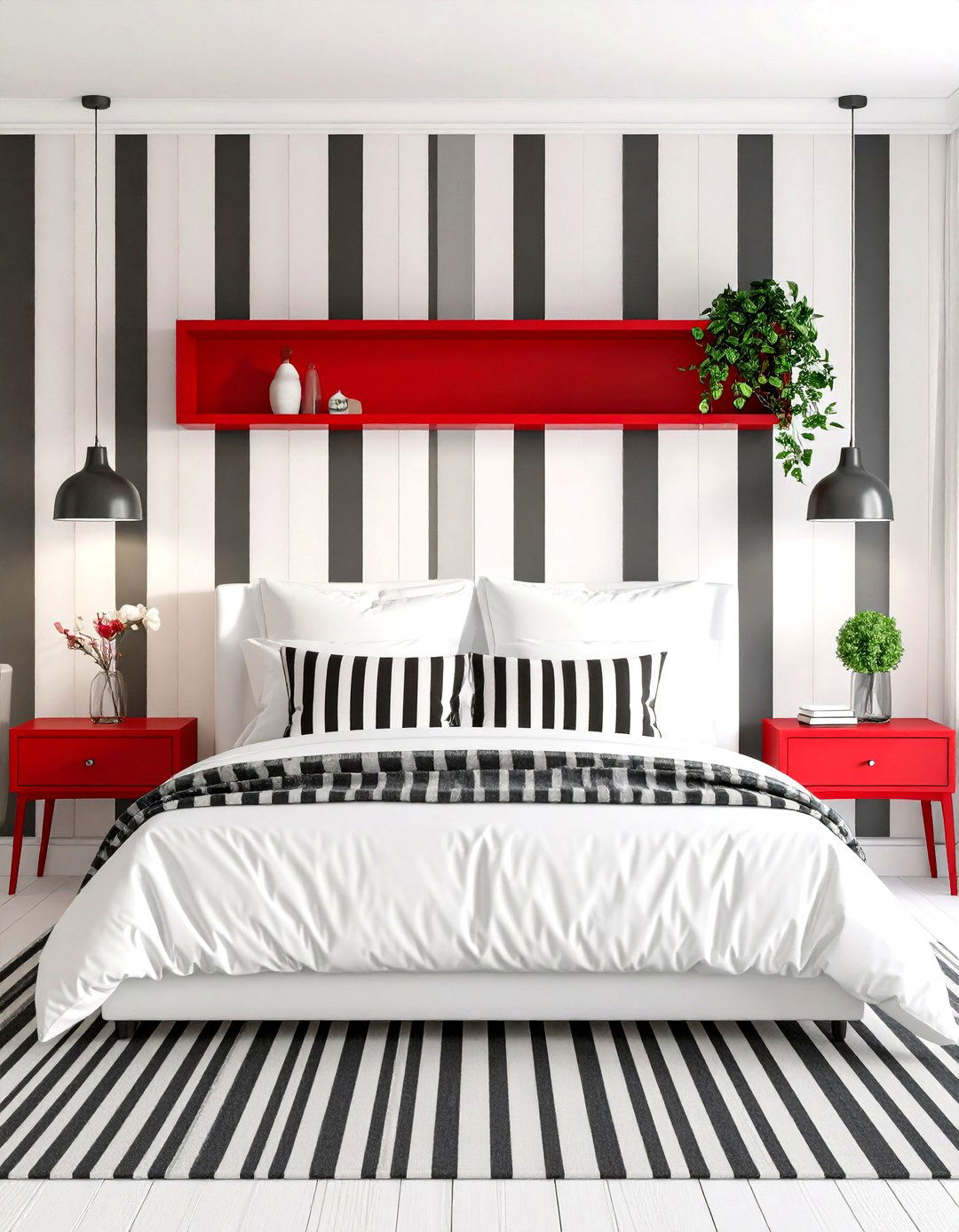Red Black and White Bold Stripe Statement - 20 red black and white bedroom ideas