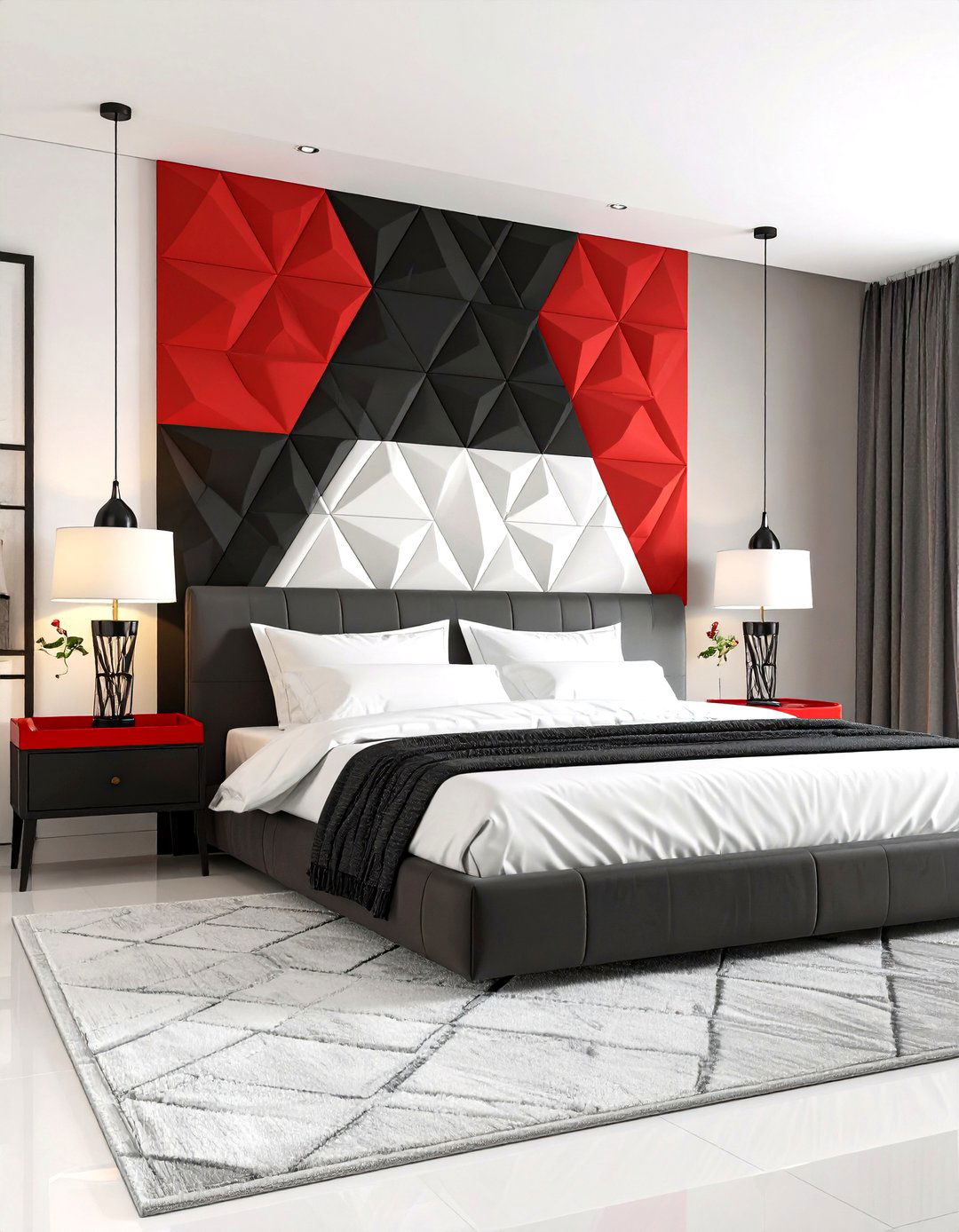 Red Black and White Graphic Headboard Feature - 20 red black and white bedroom ideas