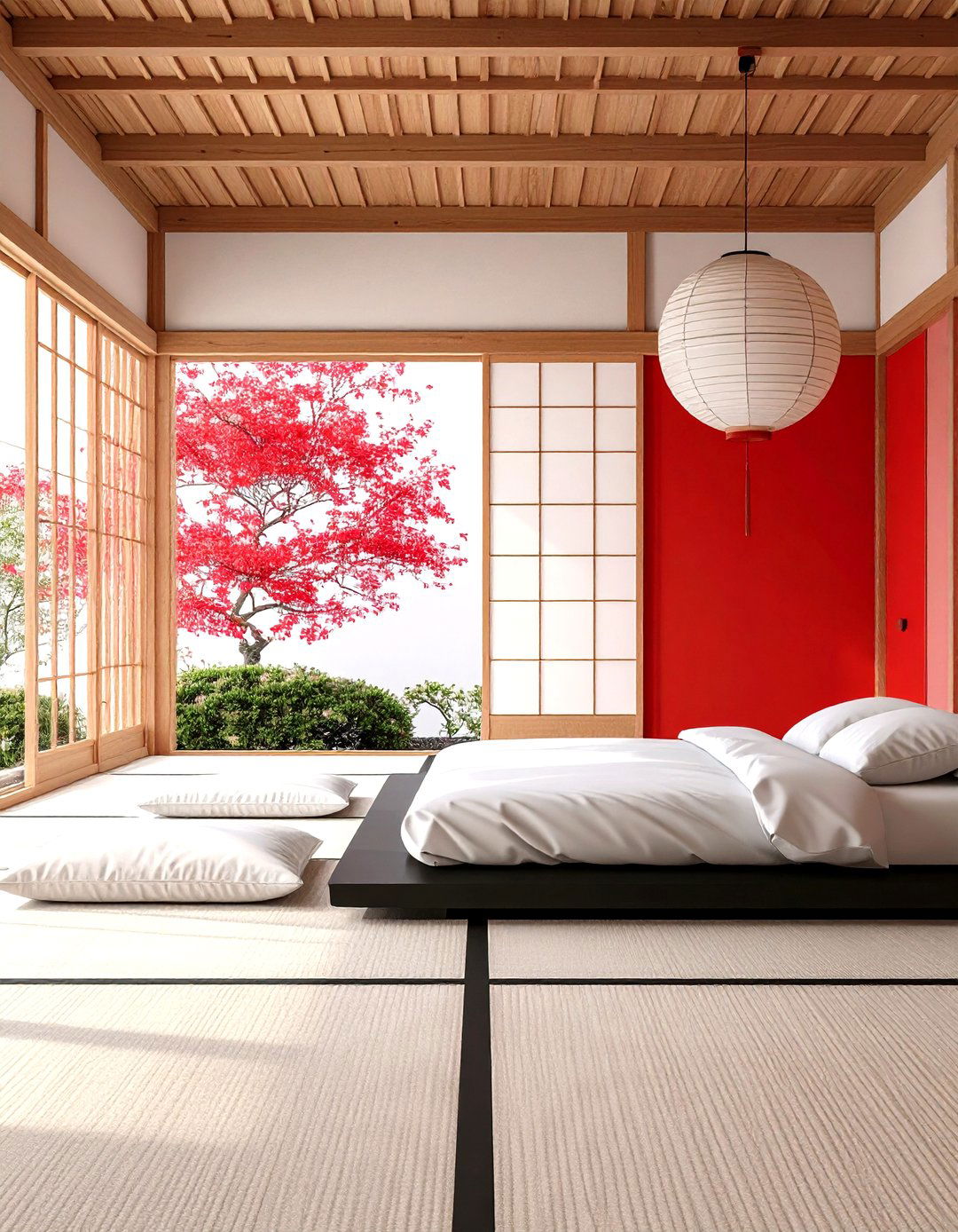 Red Black and White Japanese Tatami Twist - 20 red black and white bedroom ideas