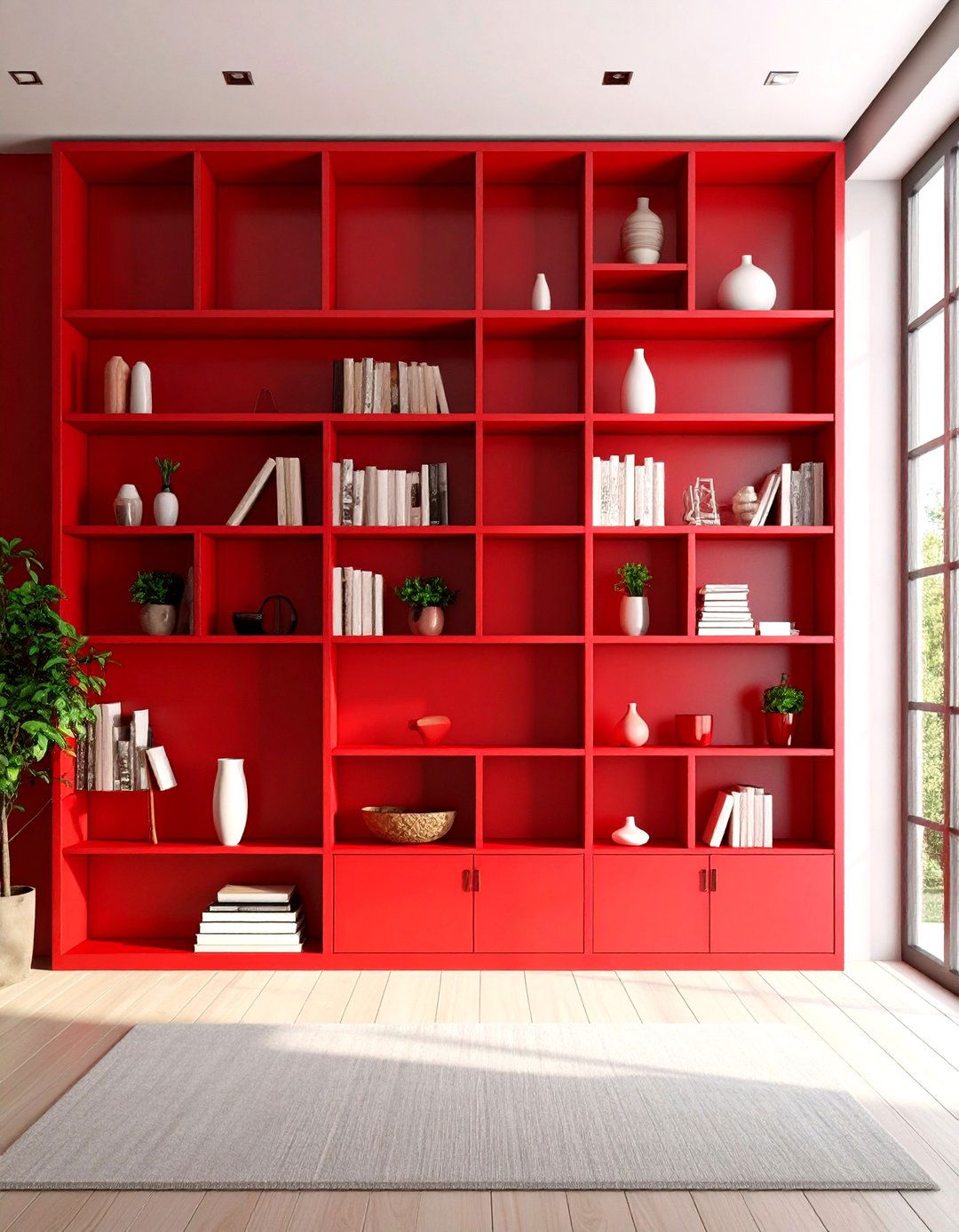 Red Built In Shelving and Storage - 20 Red Living Room Ideas