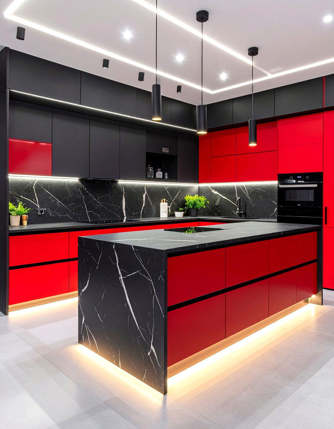 Red Cabinet Frames with Black Marble Worktops Kitchen - 20 red and black kitchen ideas