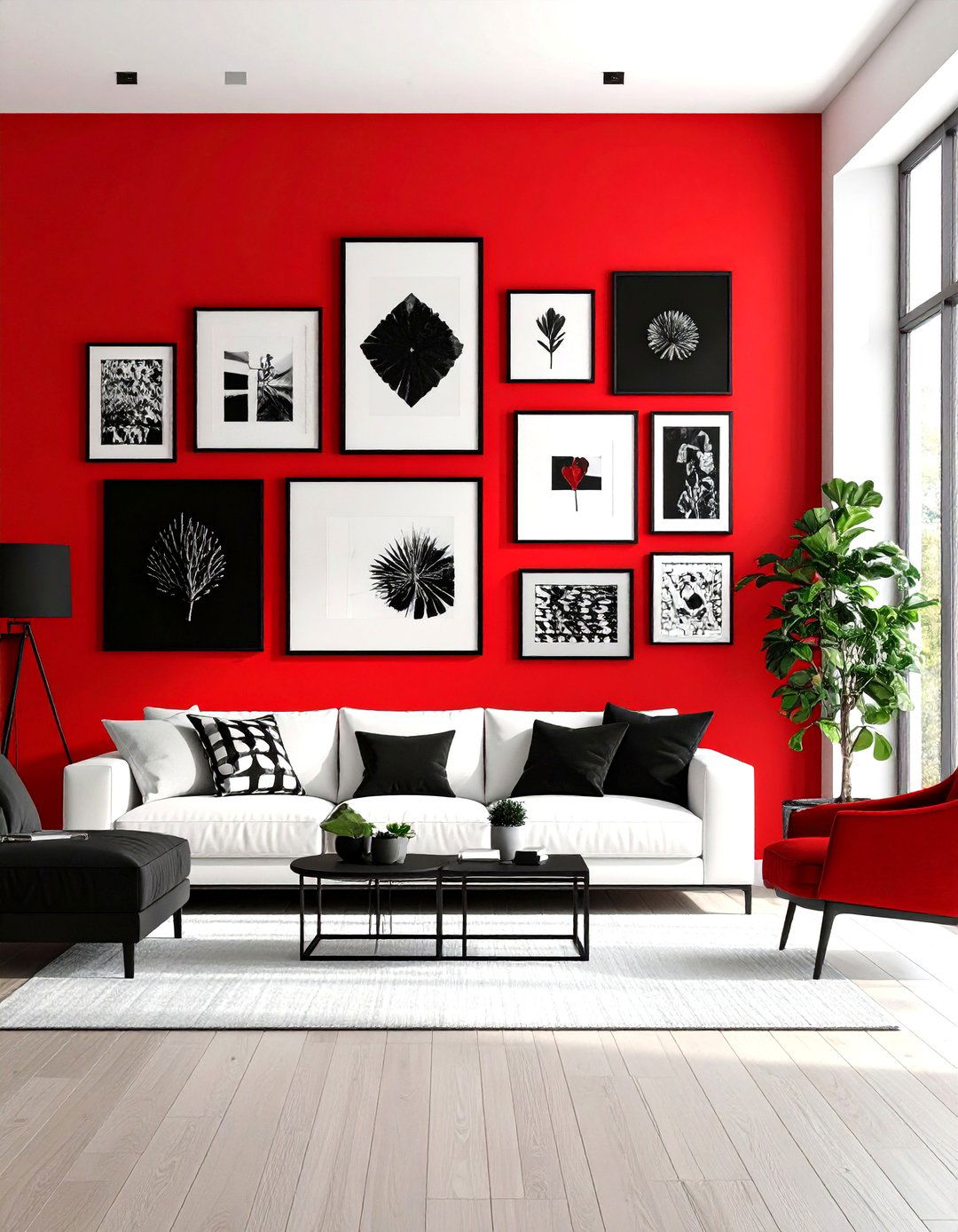 Red Gallery Wall with Curated Art - 20 Red Living Room Ideas