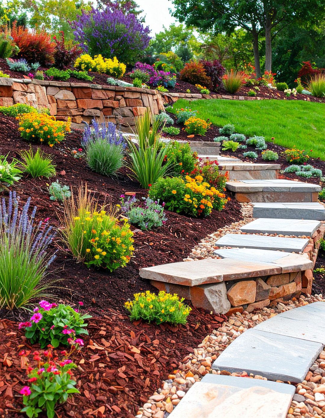 Red Lava Rock Terraced Slope Solution - 20 Red Lava Rock Landscaping Ideas