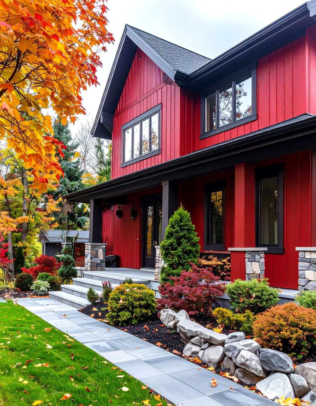 Red Outdoor Fixtures and Mailbox
