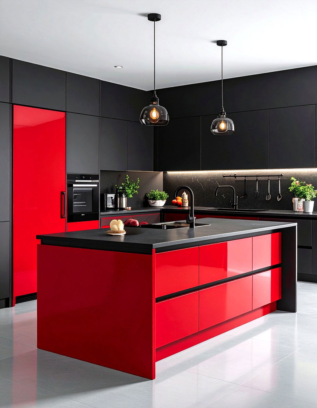 Red Pantry Door in Sleek Black Kitchen - 20 red and black kitchen ideas