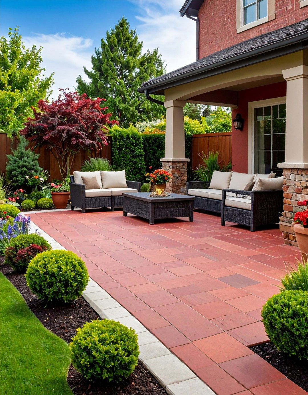 Red Paver Mixed Material Accent Patio - 20 Red Paver Patio Ideas