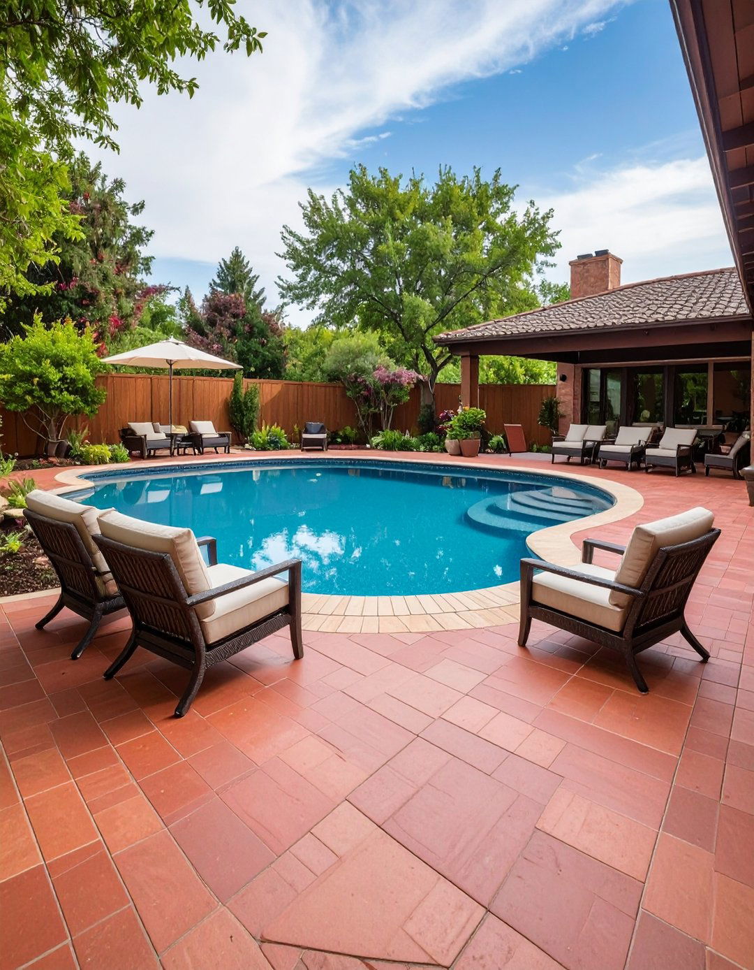 Red Paver Poolside Entertainment Patio - 20 Red Paver Patio Ideas