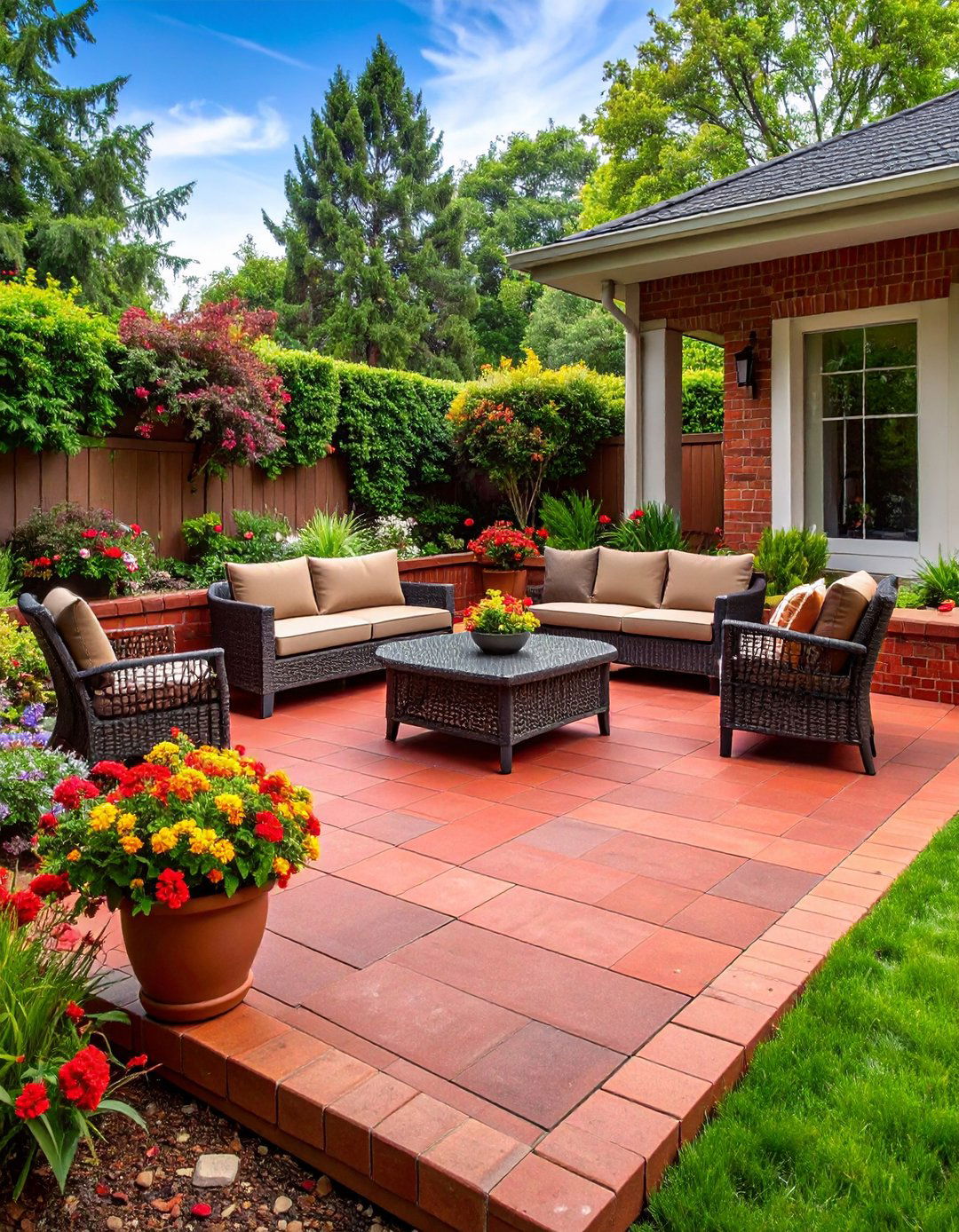 Red Paver Sunken Conversation Patio - 20 Red Paver Patio Ideas