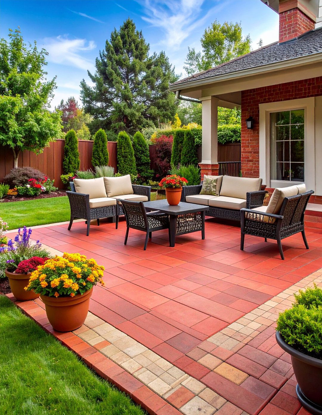 Red Paver Zoned Activity Patio - 20 Red Paver Patio Ideas