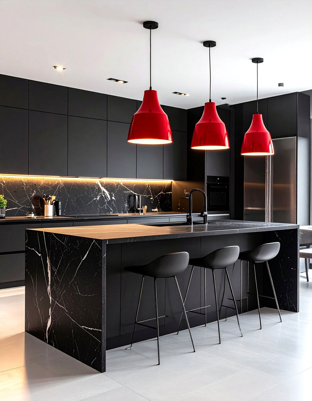 Red Pendant Lighting with Black Quartz Counters Kitchen - 20 red and black kitchen ideas