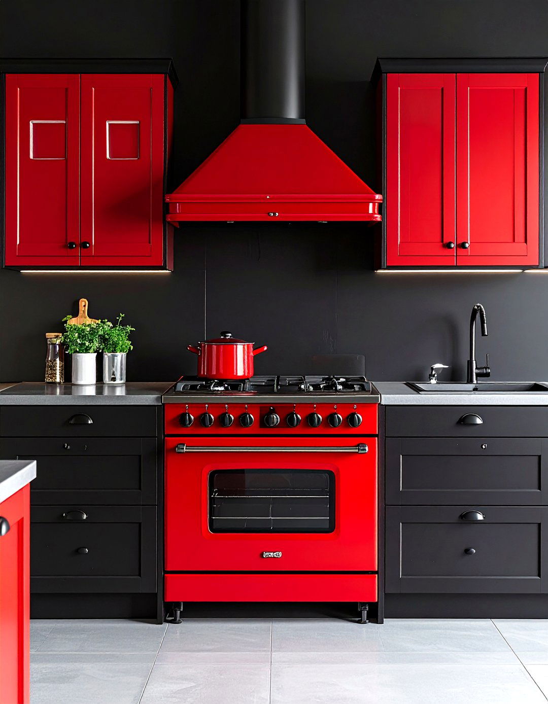 Red Range Cooker in Matte Black Kitchen - 20 red and black kitchen ideas