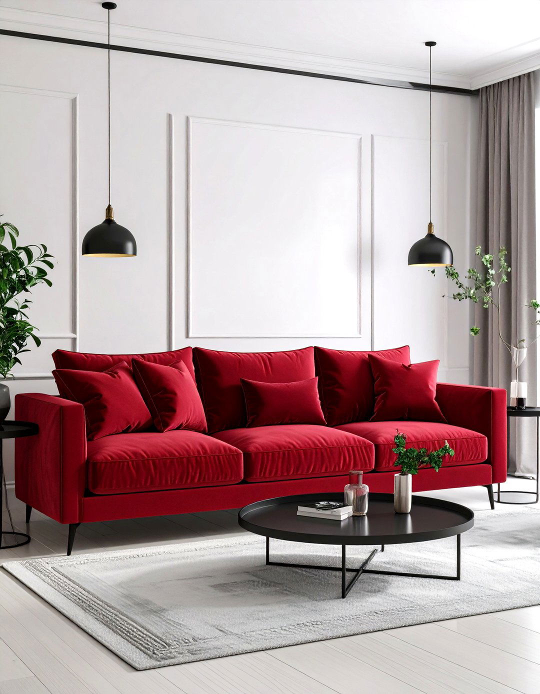 Red Velvet Sofa as Focal Point - 20 Black and Red Living Room Ideas