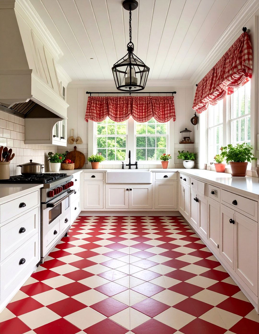 Red and White Country Checkered Floors Kitchen - 20 Kitchens With Checkered Floors