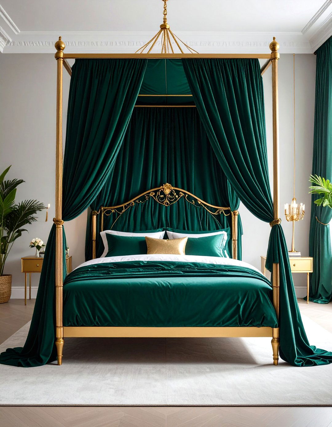 Regal Canopy Bed Draped in Emerald and Gold - 20 Emerald Green and Gold Bedroom Ideas