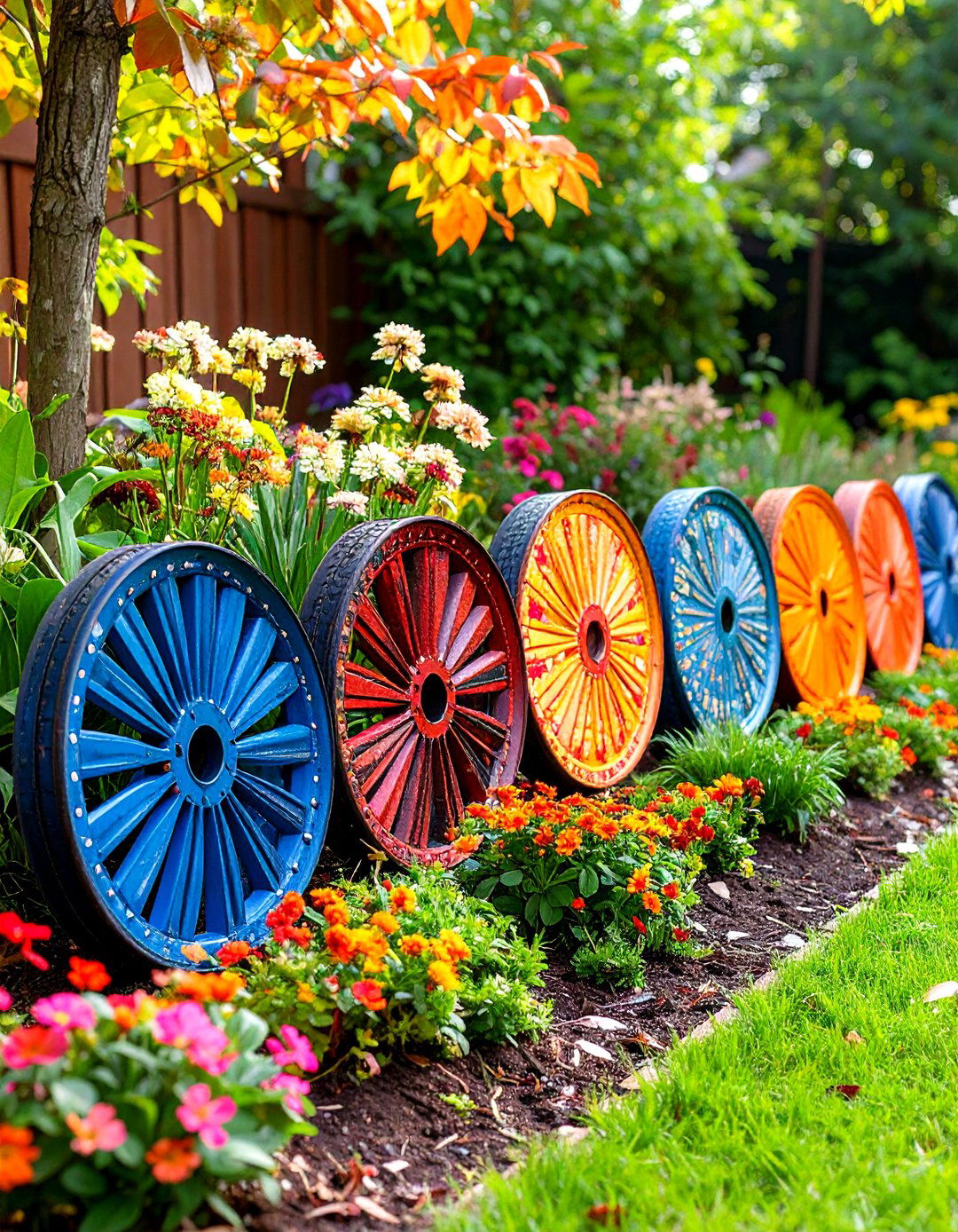 Repurposed Hubcap Garden Edging Display - 20 Recycled Garden Edging Ideas
