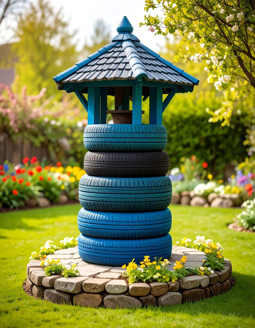 Repurposed Tire Outdoor Wishing Well DIY Project - 20 Outdoor Wishing Well Garden Ideas