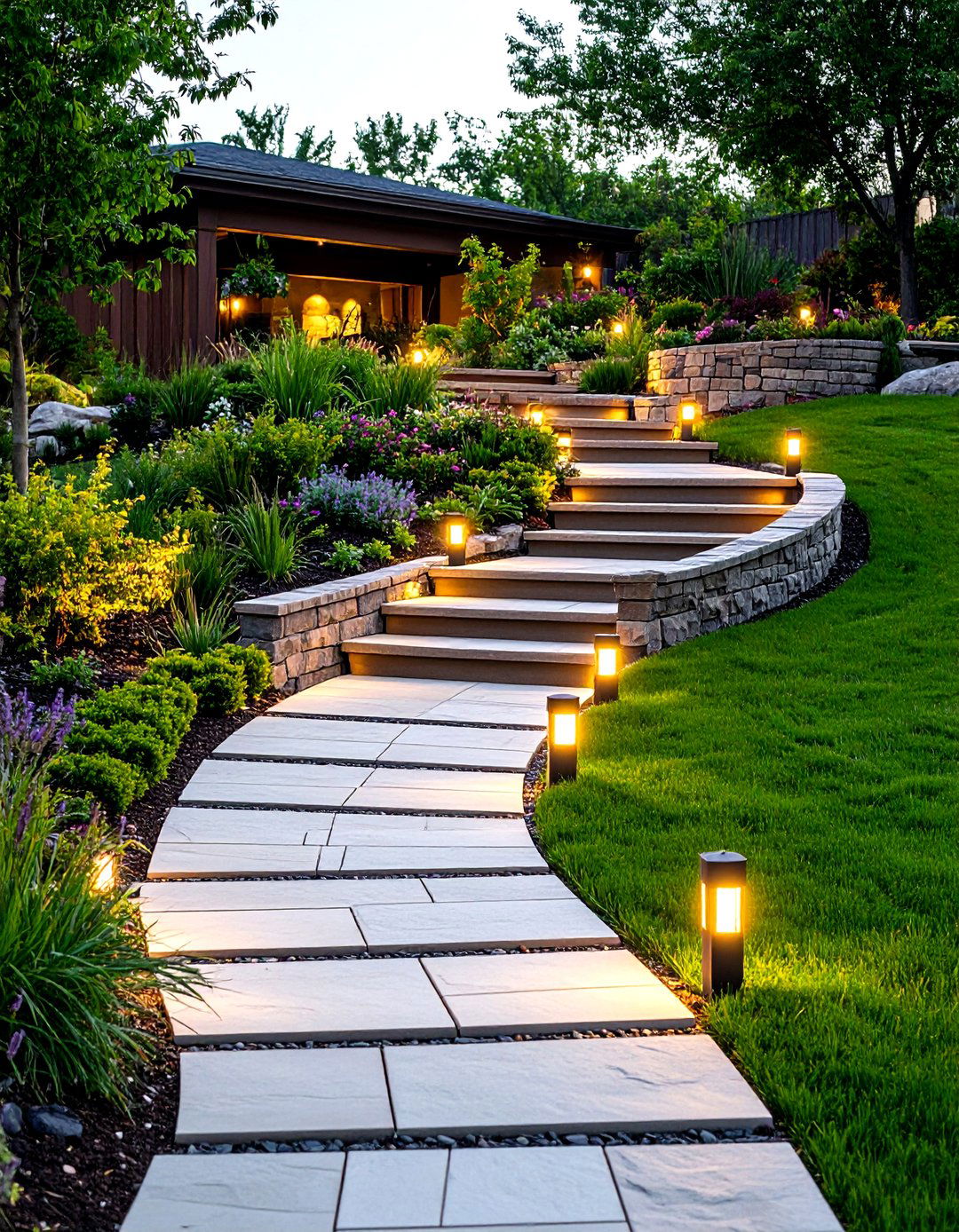 Retaining Wall Integrated Curved Walkway on a Slope - 20 Curved Walkway Ideas