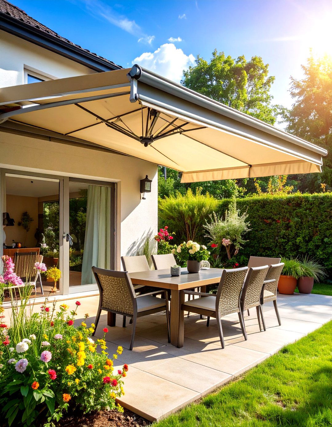 Retractable Awning Covered Patio for Variable Sun Control - 20 Covered Patio Ideas