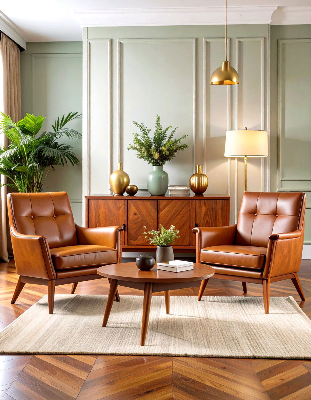 Retro Dark Green Leather Armchairs With Mid Century Lines - 20 Dark Green Living Room Ideas