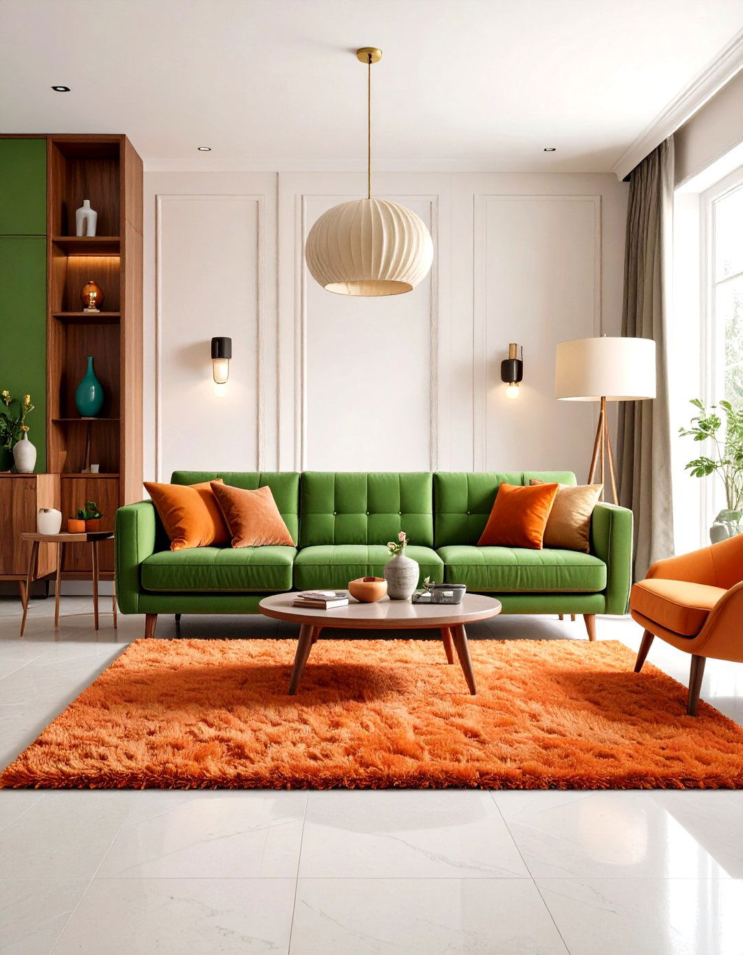 Retro s Green and Orange Living Room with Geometric Patterns - 20 Green and Orange Living Room Ideas