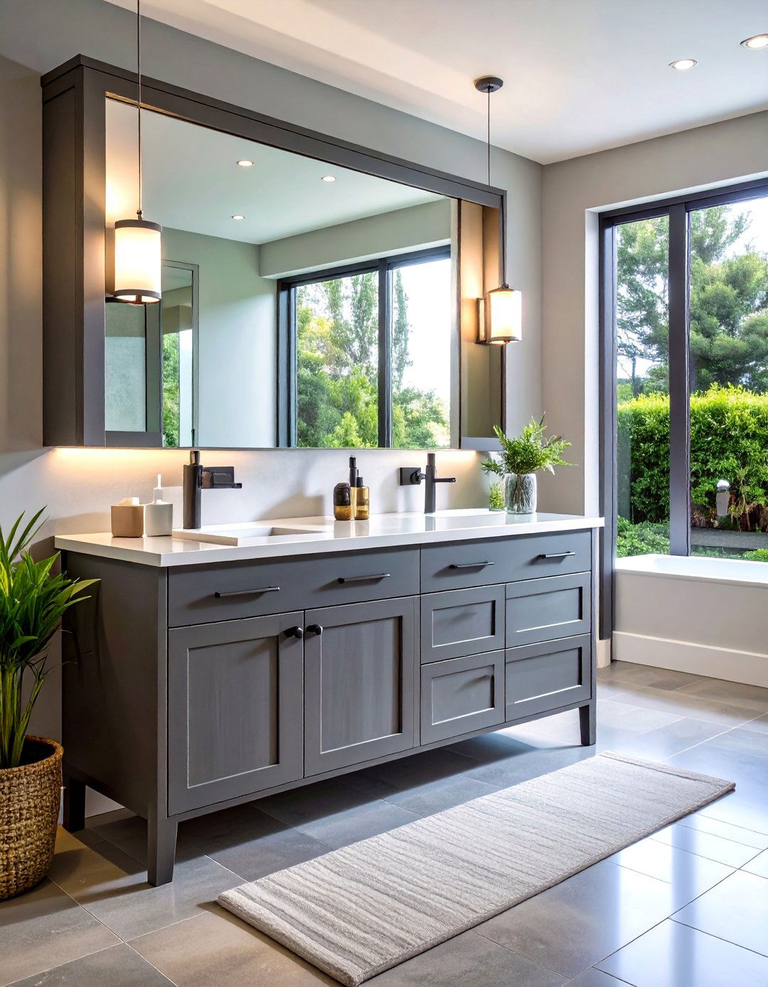 Ribbed Glass Door Gray Vanity Highlights Display Storage - 20 Grey Bathroom Vanity Design Ideas
