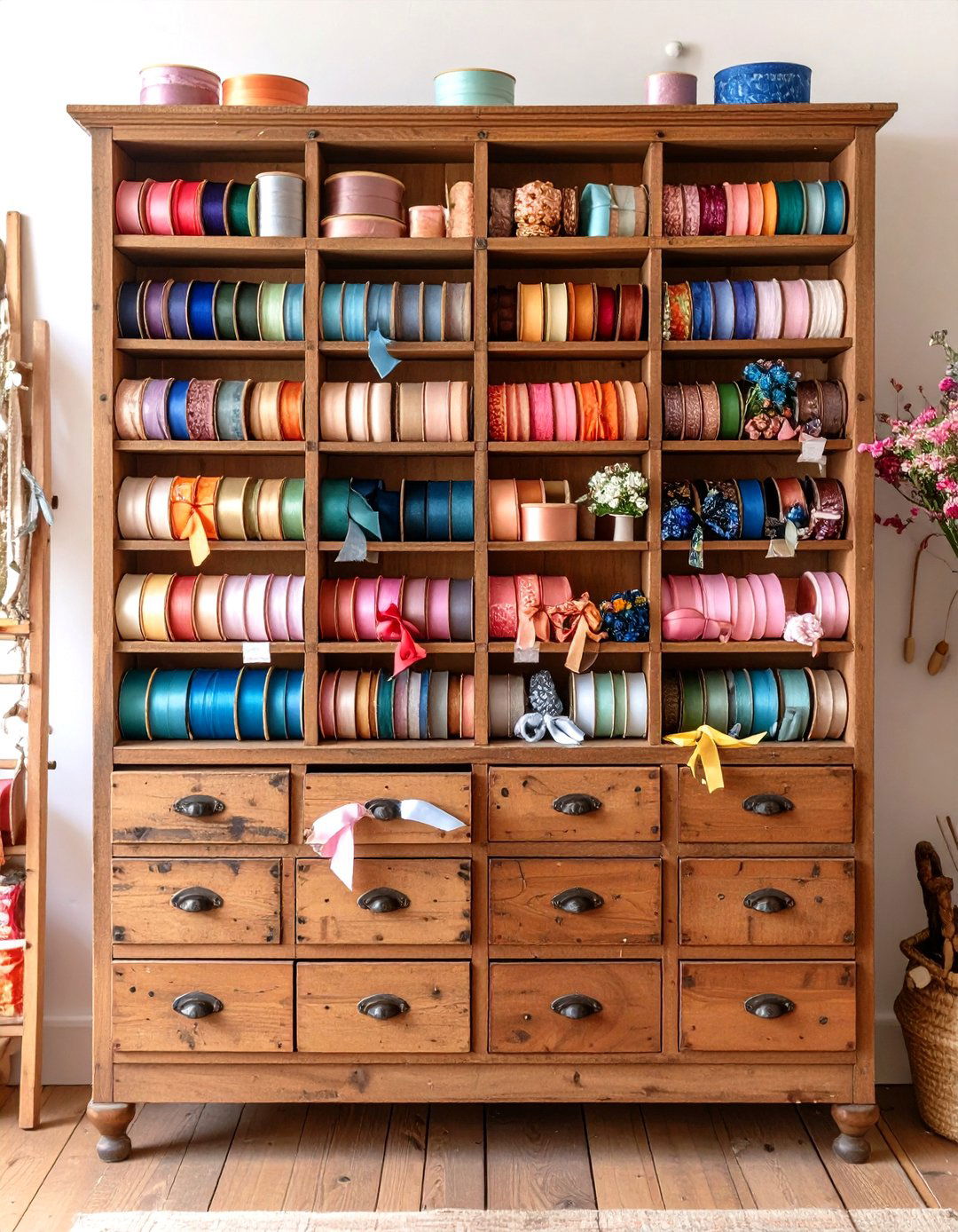 Ribbon Storage Antique Printers Drawer Display - 20 Ribbon Storage Ideas