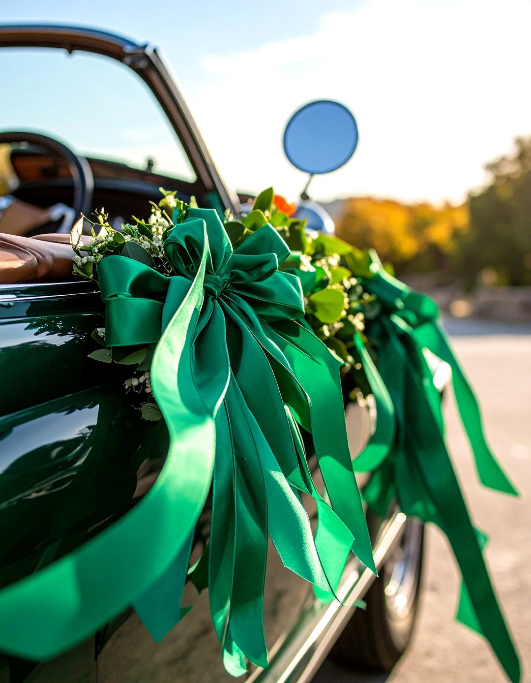 Ribbon Wrapped Emerald Green Getaway Car Moments - 20 Emerald Green Wedding Ideas