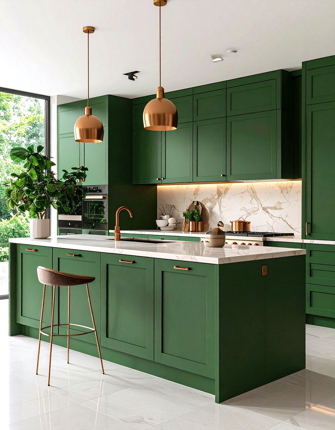 Rich Forest Green Kitchen Cabinets with Copper Hardware - 20 Green and Copper Kitchen Ideas