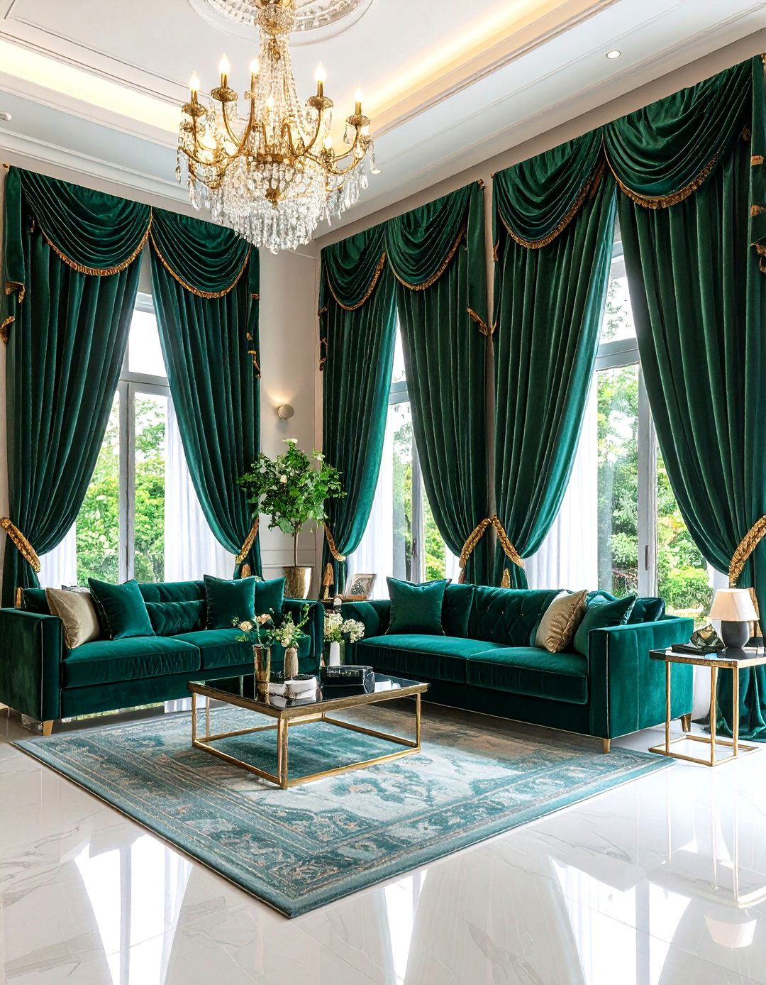 Rich Green Curtains with Gold Tiebacks - 20 Emerald Green and Gold Living Room Ideas