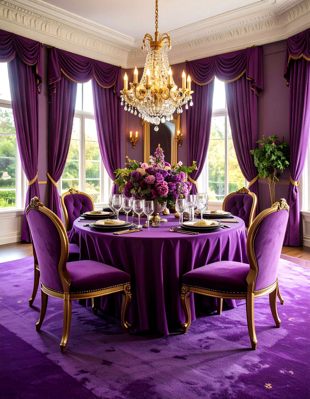 Rich Plum Purple Carpeted Dining Room with Regal Drama - 20 Carpeted Dining Room Ideas