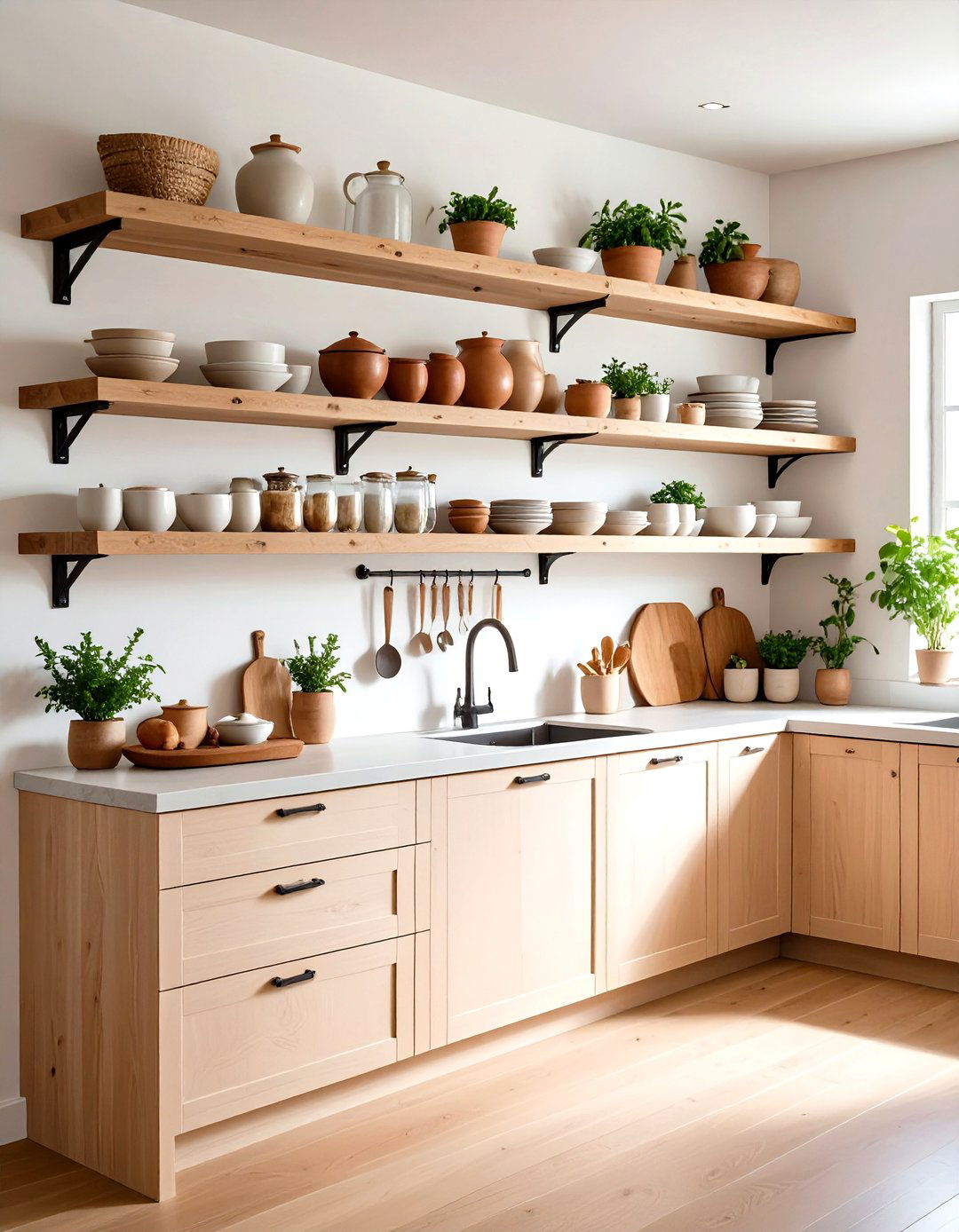 Rift Sawn Oak Shelving Lightens the Room - 20 Earthy Kitchen Ideas