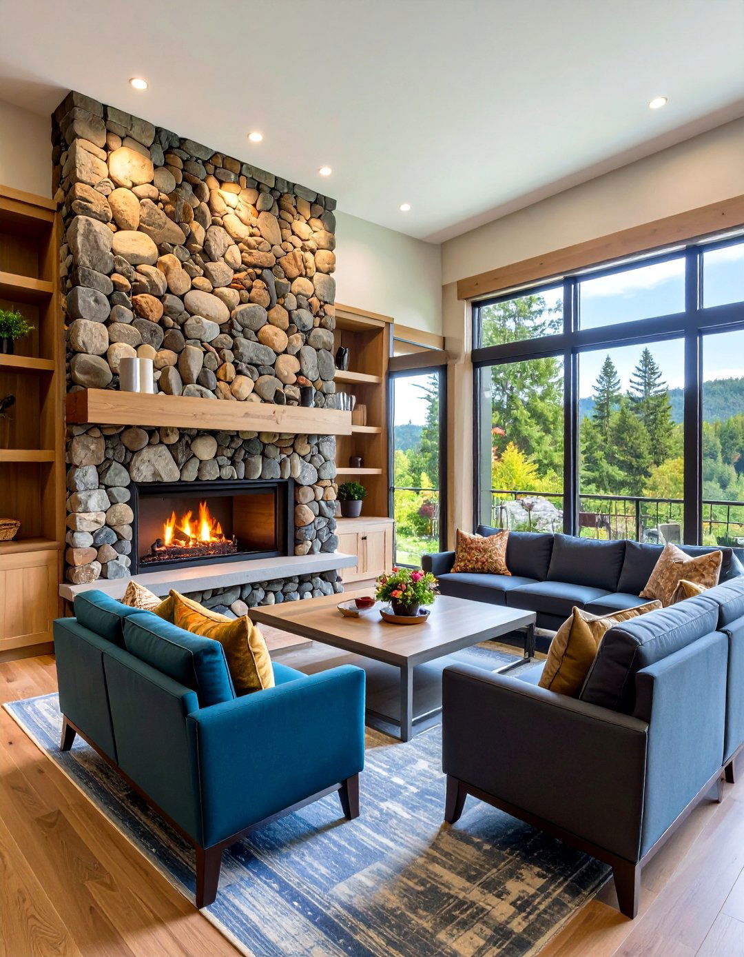 River Rock Lodge Ambience - 20 Floor-to-Ceiling Stone Fireplace Ideas