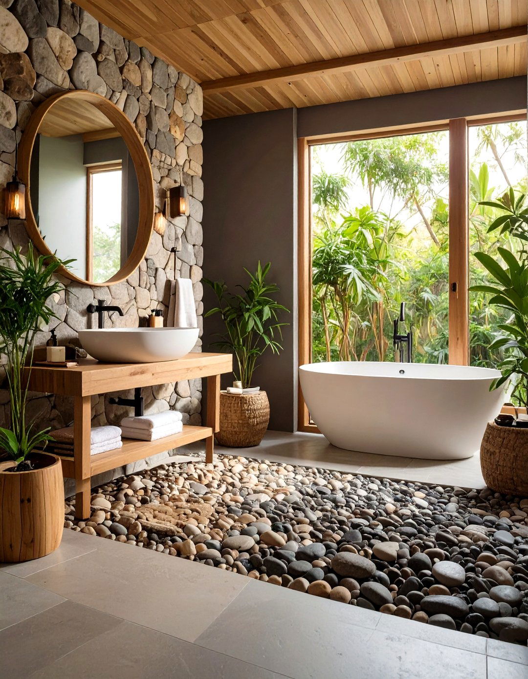 River Rock Rustic Bathroom with Organic Stone Textures - 20 Rustic Bathroom Ideas