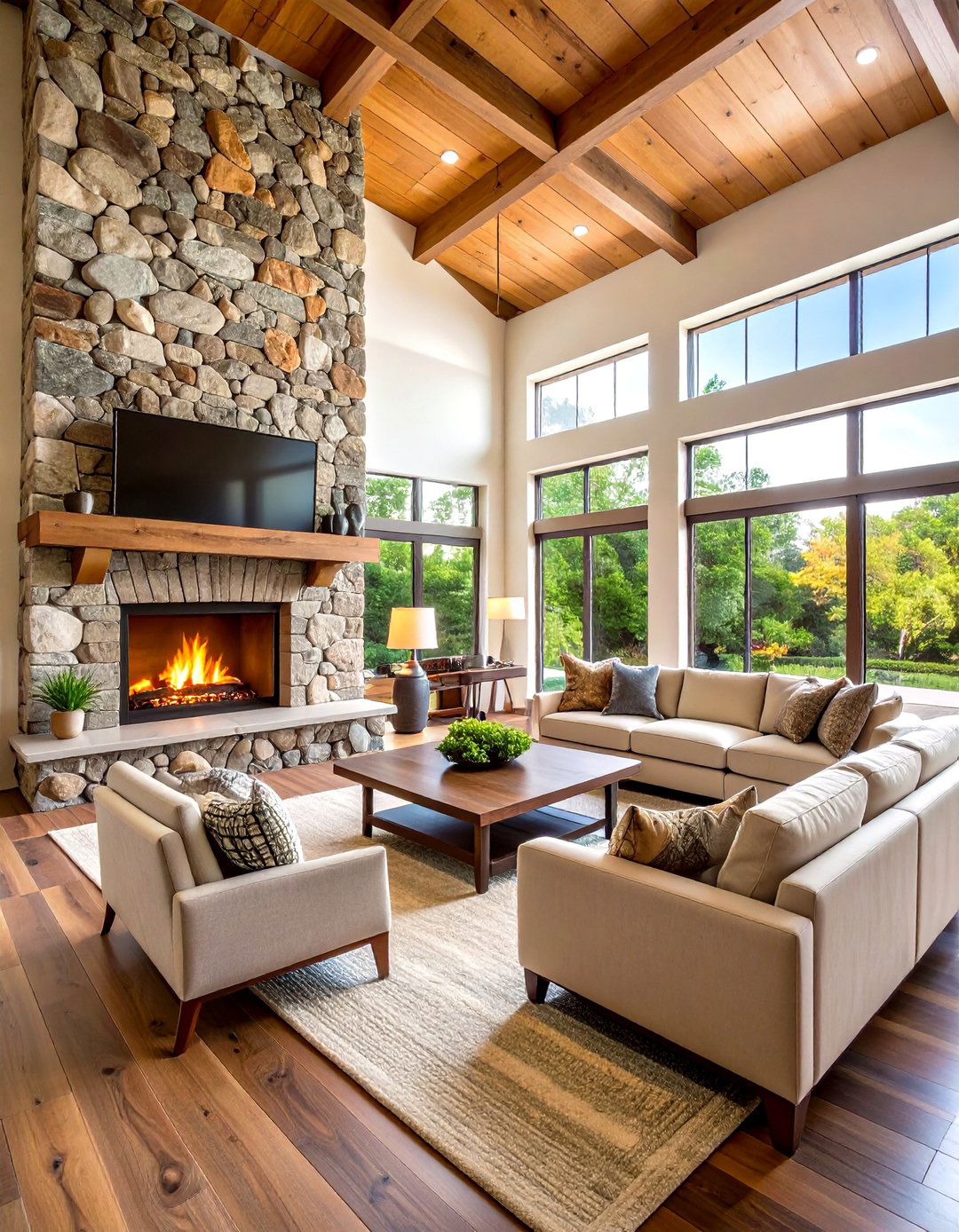 River Rock Rustic Fireplace Floor to Ceiling Design - 20 Rustic Fireplaces