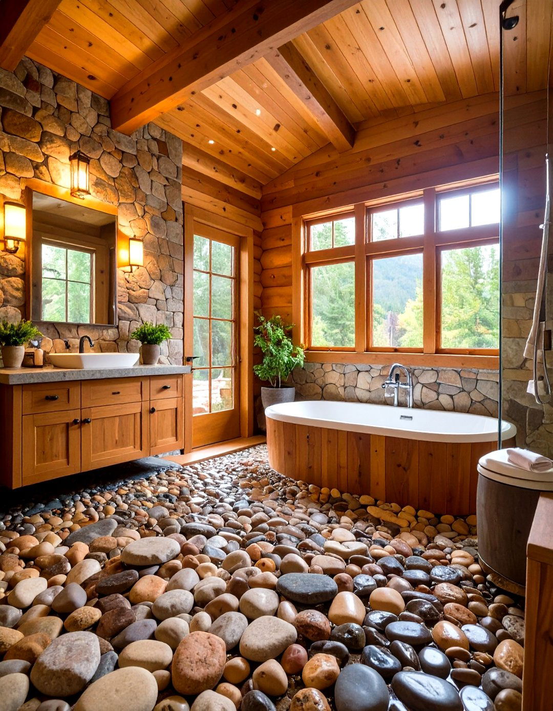 River Rock Shower Floor Log Cabin Bathroom - 20 Log Cabin Bathroom Ideas