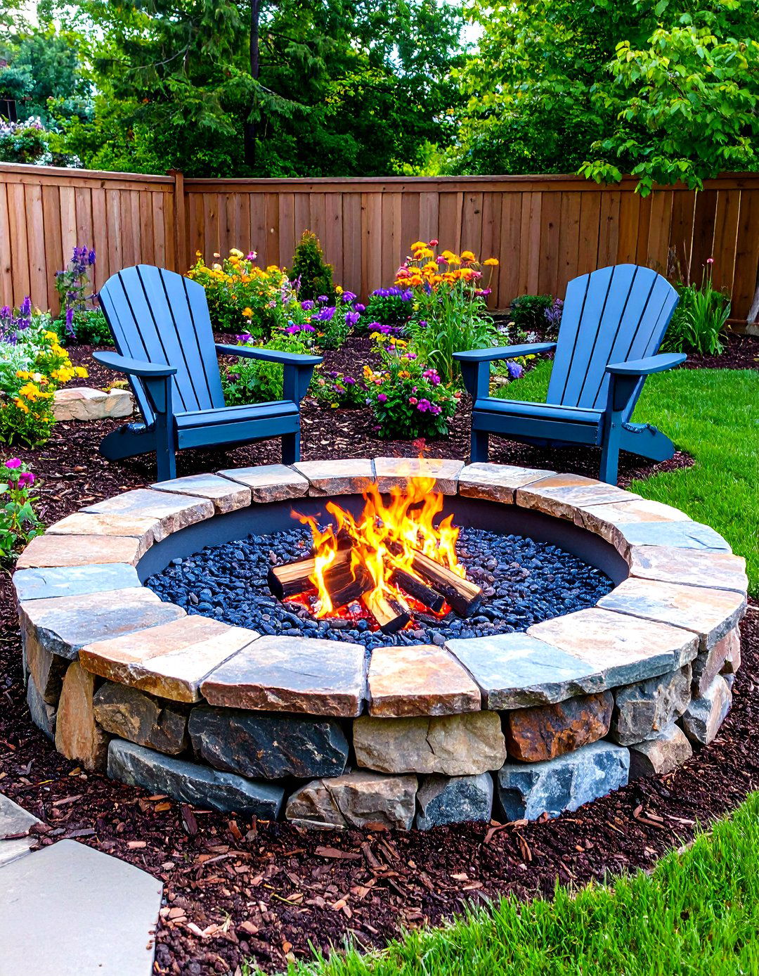 Rock Fire Pit Nook Amid Mulched Beds - 20 Front Yard Landscaping Ideas With Rocks and Mulch