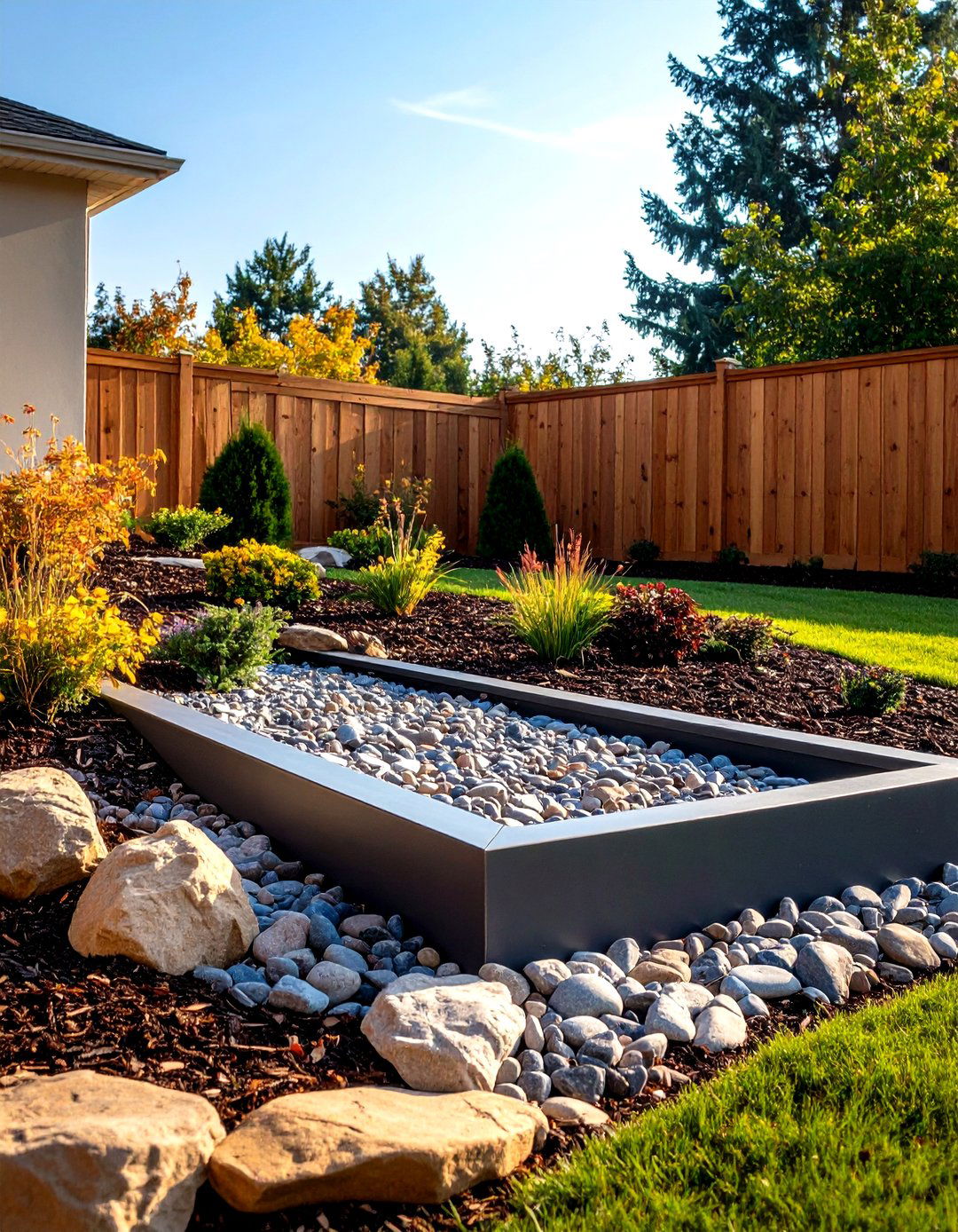Rock Framed Rain Garden With Mulch Berms - 20 Front Yard Landscaping Ideas With Rocks and Mulch
