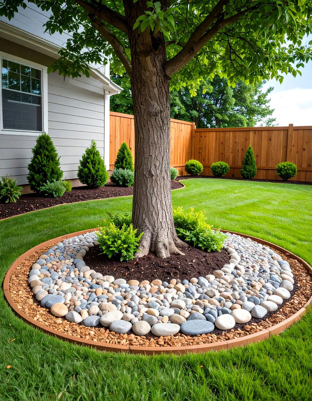 Rock Tree Rings That Keep Mulch in Place - 20 Front Yard Landscaping Ideas With Rocks and Mulch