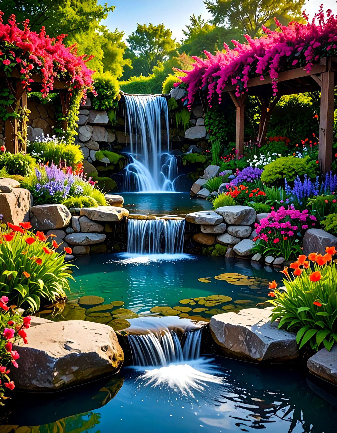 Rock Walled Corner Pond and Cascading Falls - 20 Small Pond Ideas With Waterfalls