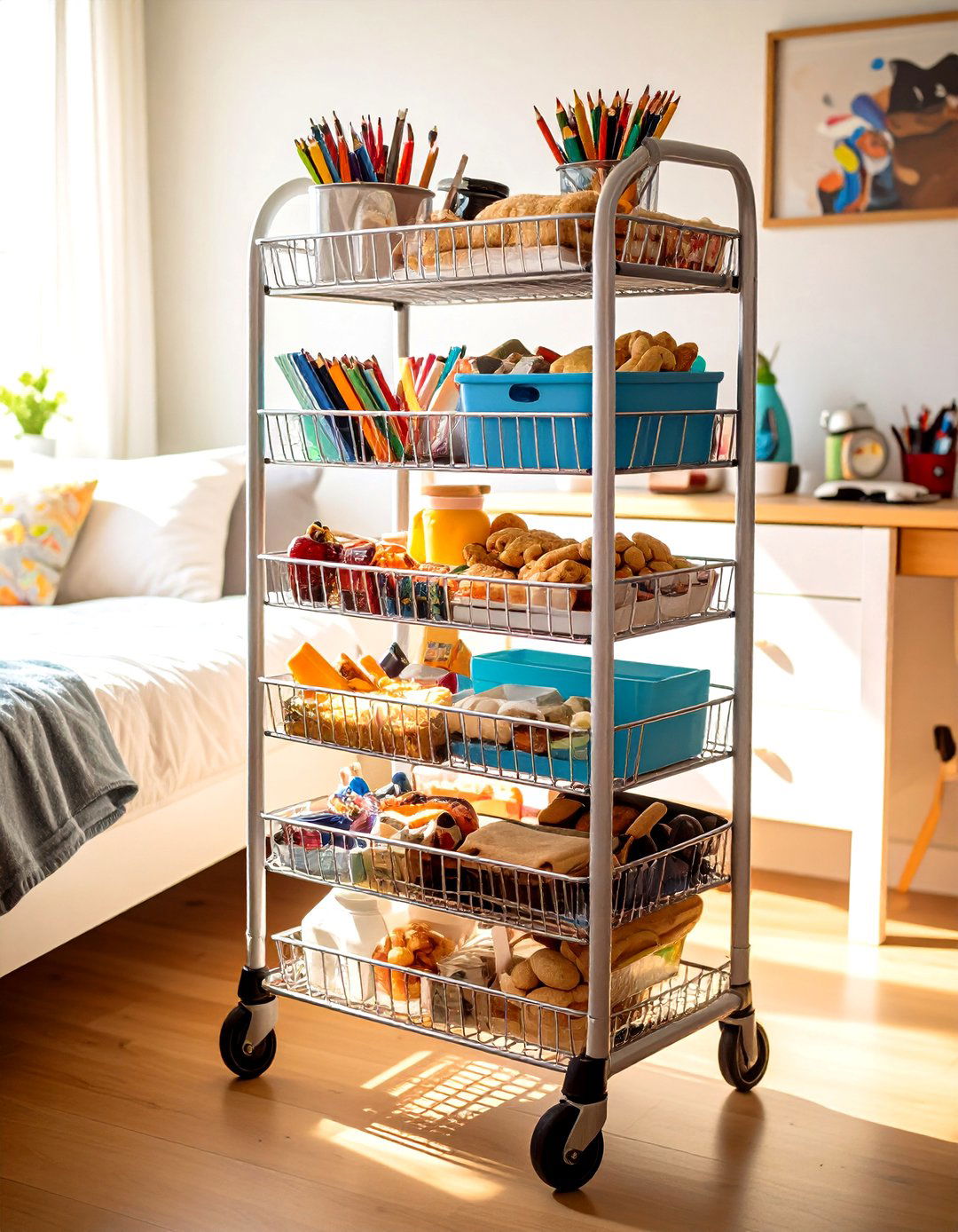 Roll in a Three Tier Cart for Mobile Storage - 20 Dorm Room Decorating Ideas