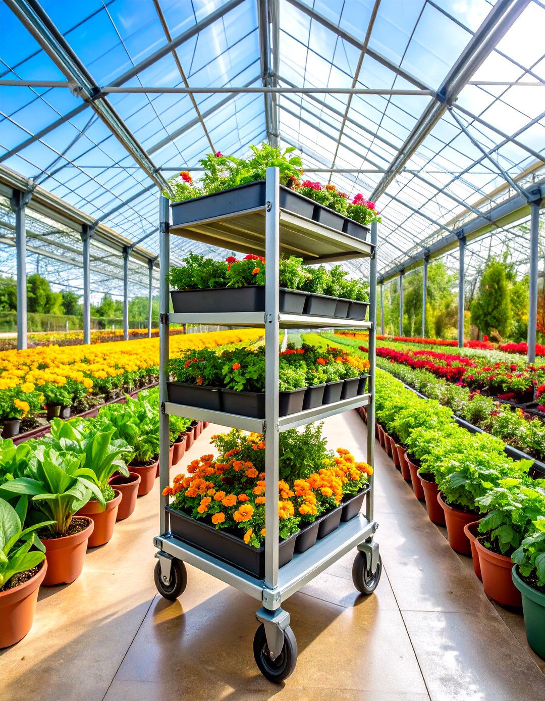 Rolling Cart Greenhouse Shelving for Mobile Microclimates - 20 Greenhouse Shelving Ideas