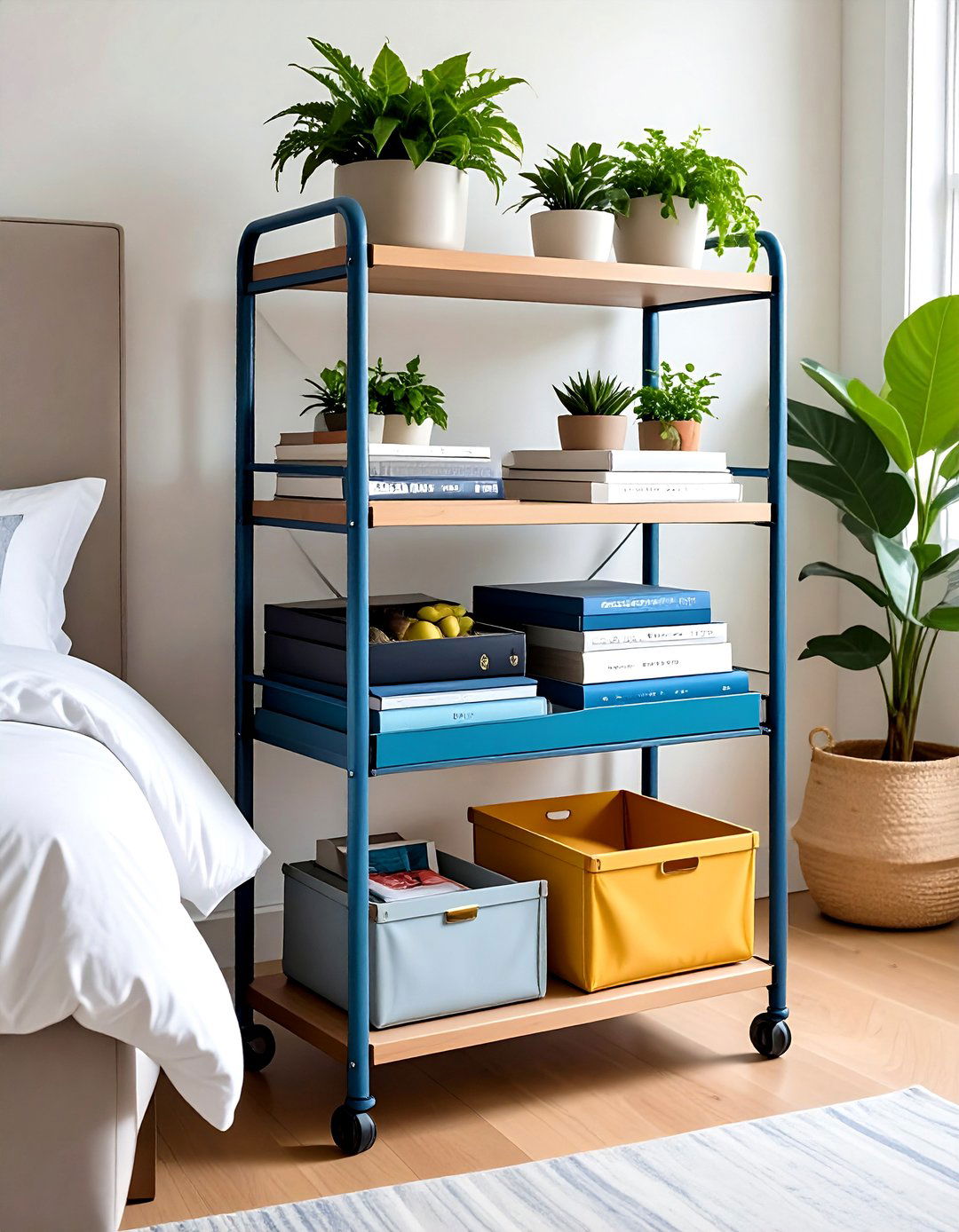Rolling Cart Shelf Serves Flexible Bedside Duty - 20 Bedroom Shelving Ideas