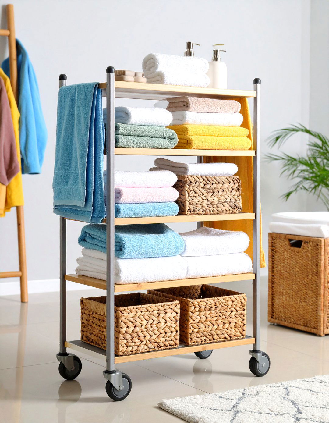 Rolling Cart Towel Storage Stations - 20 Towel Storage Ideas
