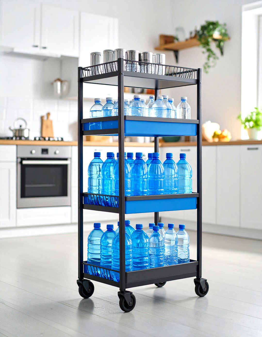Rolling Cart Water Bottle Storage Station - 20 Water Bottle Storage Ideas