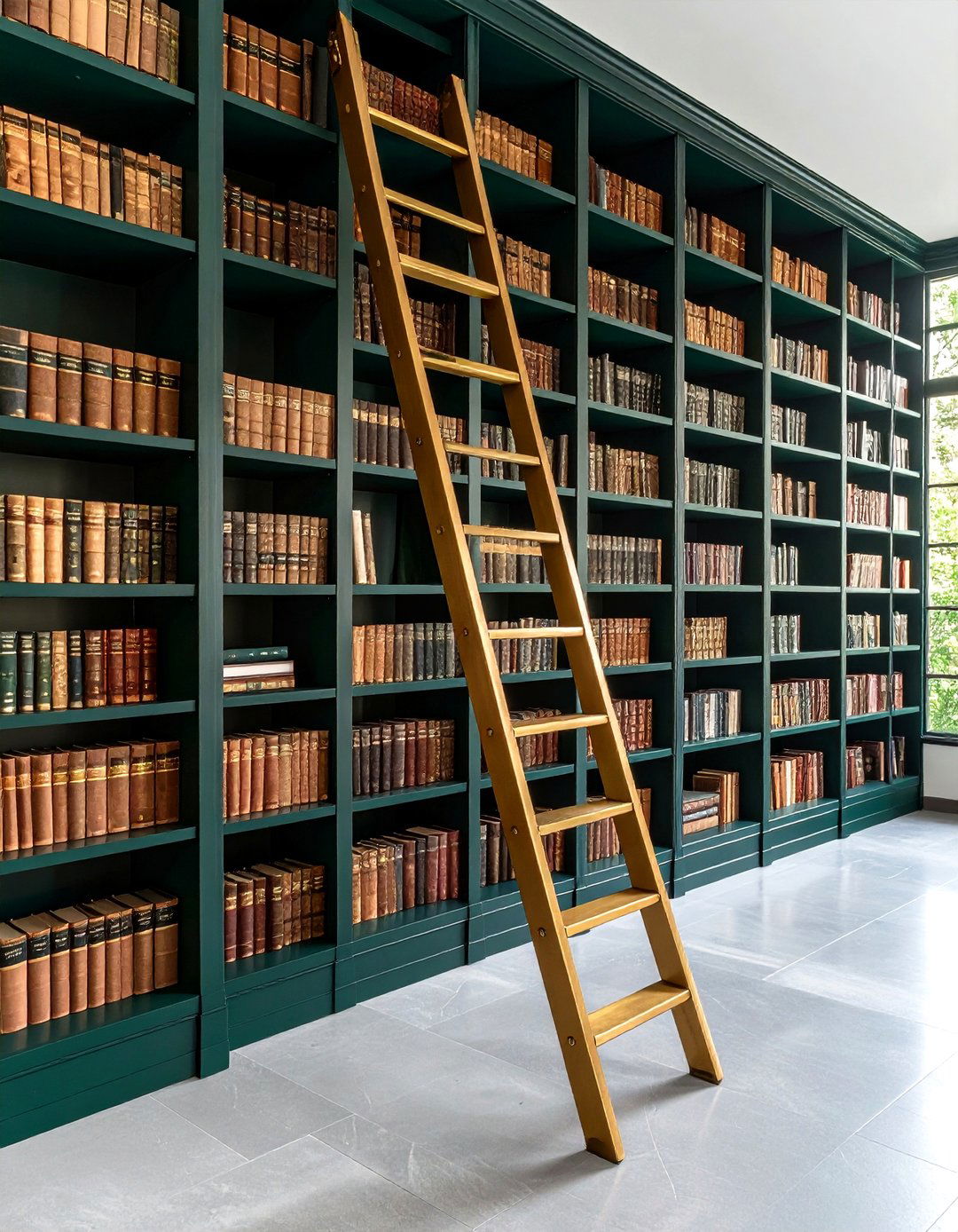 Rolling Ladder for Vertical Home Library Storage - 20 Dark Green Home Library Ideas and Inspiration