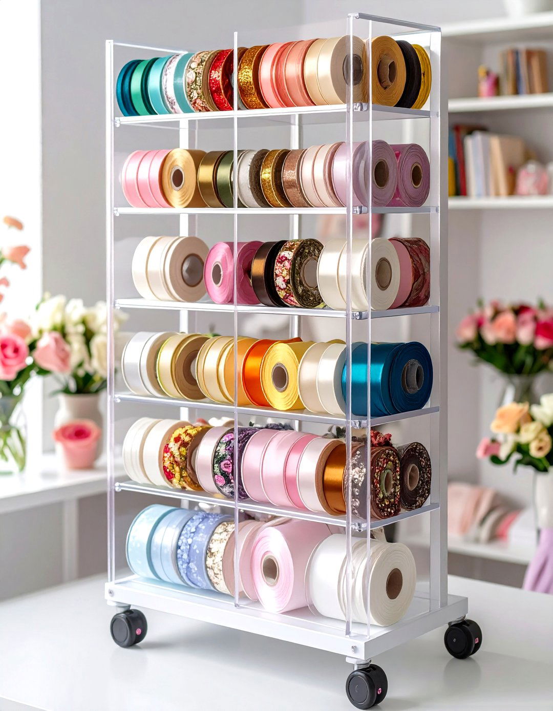 Rolling Ribbon and Washi Tape Rack for Tangle Free Storage - 20 Craft Room Ideas