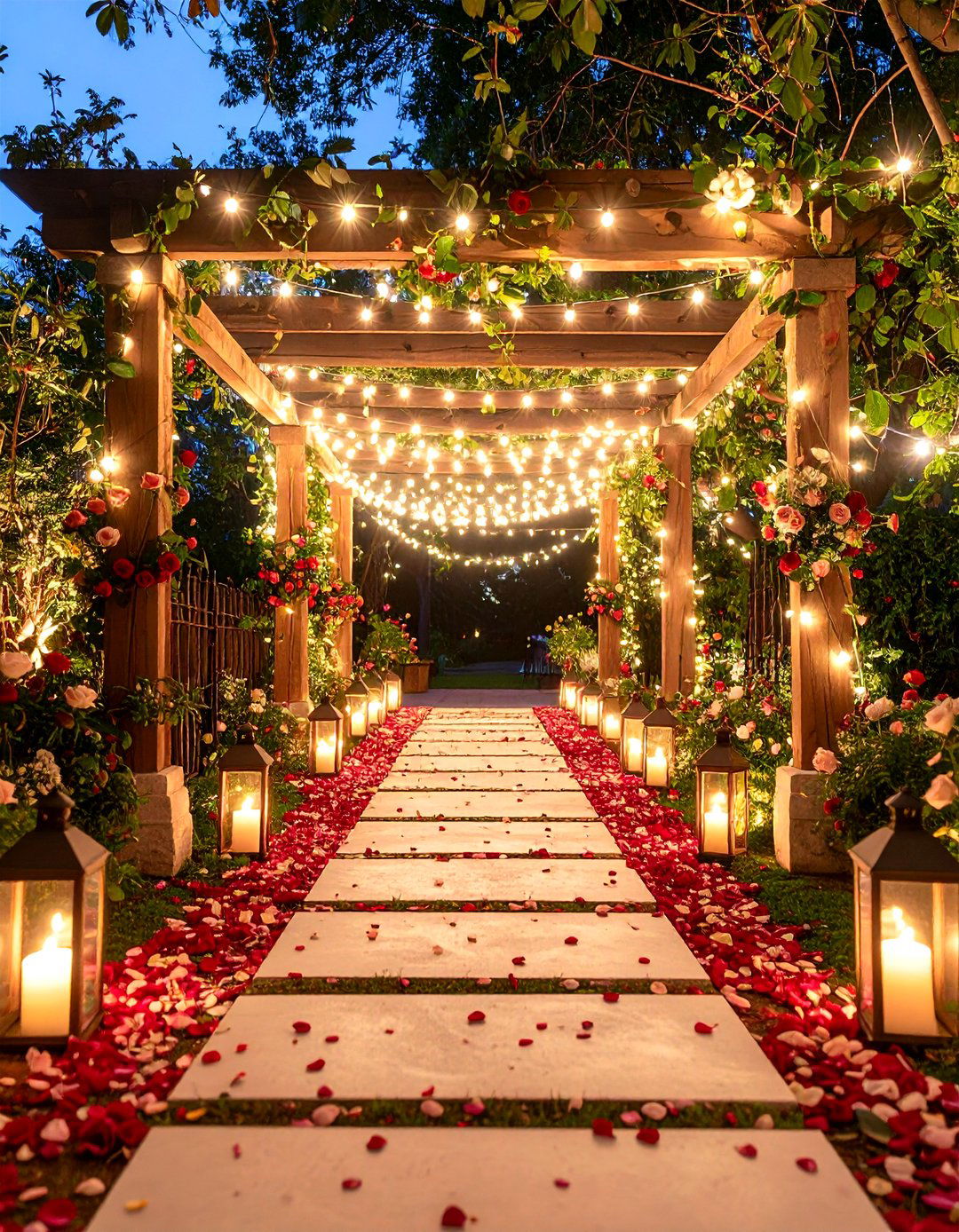 Romantic Garden Wedding Entrance with Rose Petal Pathway - 20 Wedding Entrance Ideas