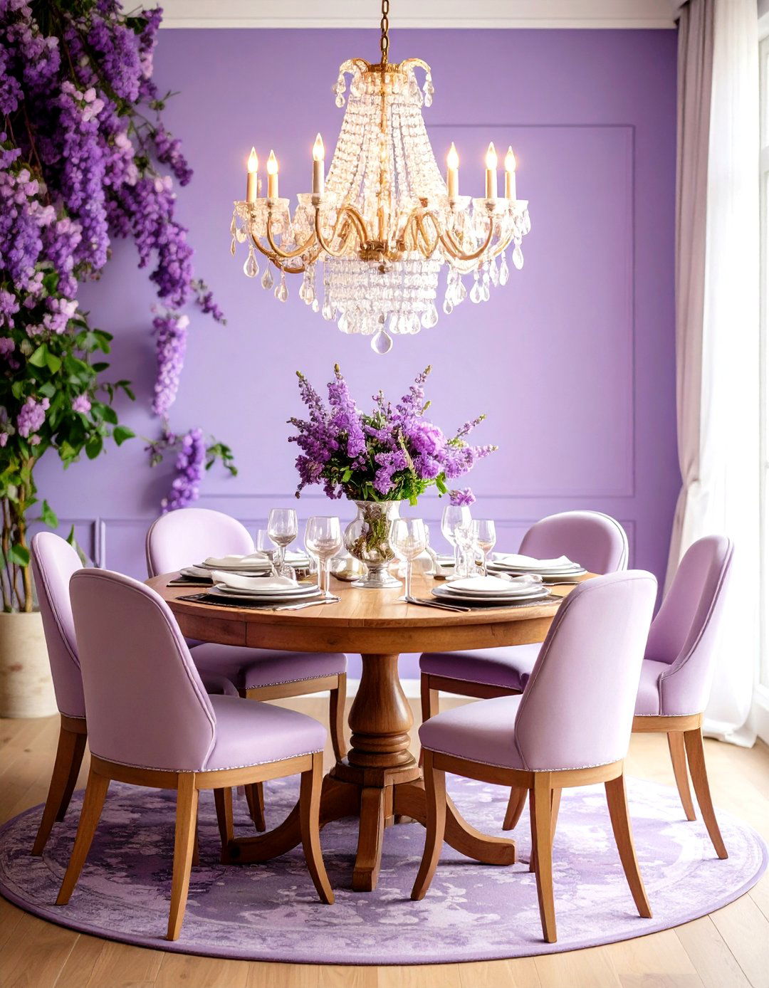 Romantic Purple Dining Room with Floral Wallpaper - 20 Purple Dining Room Ideas