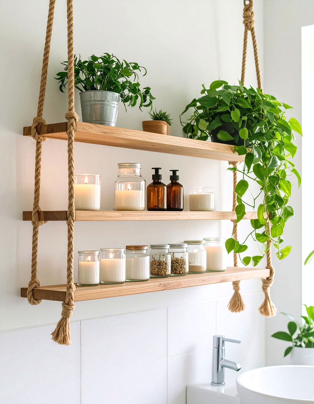 Rope Hung Shelf Bathroom Wall Storage - 20 Bathroom Wall Storage Ideas