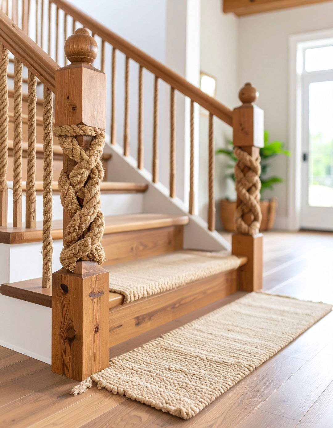 Rope Infill Between Timber Posts - 20 Farmhouse Rustic Stair Railing Ideas